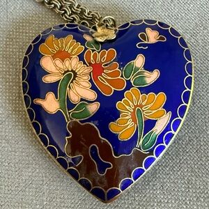 Vintage Cloisonné Blue Puffy Heart Pendant with Gold Necklace